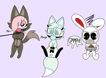 anthro ball_gag bdsm blush bondage bound clothed clothing costume cross female fur furry_wearing_fursuit fursuit gag light_body light_fur male pink_body pink_fur pink_wool simple_background tape tape_gag text wolf_costume wool_(fur) young young_anthro zxc14 chikn_nuggit cofi_(chikn_nuggit) iscream_(chikn_nuggit) slushi_(chikn_nuggit) arctic_fox bovid canid canine caprine fox lagomorph leporid mammal rabbit sheep true_fox 2022 digital_media_(artwork) hi_res