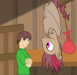 blue_eyes brown_hair clothing duo fangs freckles hair inside male on_model pupils purple_eyes red_hair sack shed slit_pupils stick teeth upside_down badumsquish hasbro my_little_pony anon fan_character generic_messy_hair_anime_anon bat_pony equid human hybrid mammal 2015 absurd_res hi_res story story_in_description