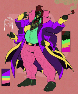 4_eyes 6_arms anthro body_hair bottomwear chest_hair clothing coat collared_shirt color_swatch dreadlocks dress_shirt eyewear fangs fingerless_gloves fur_collar gloves handwear kiseru male male_anthro monocle multi_arm multi_eye multi_limb pants pecs pink_eyes shirt smoke smoking smoking_pipe solo stitch_(sewing) teeth topwear crimsoncrate lewdoverich arachnid arthropod spider absurd_res hi_res