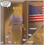 american_flag anthro blue_eyes blush bottomless breasts clothed clothing cookie detailed_background dialogue doorway female flag food genitals inside long_tail opening_door pussy solo standing tail text united_states_of_america thathornycat capitoline_ranch fern_(thathornycat) felid feline lion mammal pantherine 2022 absurd_res english_text hi_res