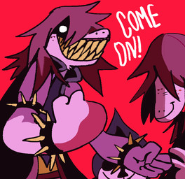 ambiguous_gender armband bracelet clothing duo femboy hair jacket jewelry sharp_teeth simple_background solo_focus spiked_bracelet spikes teeth text topwear mtt-brandanimepowder deltarune undertale_(series) lancer_(deltarune) susie_(deltarune) darkner lightner reptile scalie 2018 english_text