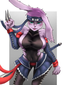 4_fingers :3 accessory anthro arm_tuft armwear athletic athletic_anthro athletic_female bare_shoulders big_breasts biped black_clothing black_legwear black_stockings black_topwear blue_bottomwear blue_clothing blue_detached_sleeves blue_skirt bottomwear breasts clothing collarbone detached_sleeves eyebrows eyelashes female female_anthro fingers fur green_eyes grey_background headband holding_kunai holding_melee_weapon holding_object holding_ranged_weapon holding_weapon katana kunai legwear licking licking_lips looking_at_viewer melee_weapon navel navel_outline ninja one_ear_up one_hand_up open_mouth pink_body pink_ears pink_fur pose raised_arm ranged_weapon red_detached_sleeves seam_(sewing) shoulder_tuft side_boob simple_background skimpy_topwear skindentation skirt solo standing stitch_(sewing) stockings sword thick_thighs tight_clothing tight_topwear tongue tongue_out topwear tuft warrior weapon ishigiritsu mutant_genetic_gladiators honey_bunny_(mgg) lagomorph leporid mammal rabbit 2025 3:4 colored detailed digital_drawing_(artwork) digital_media_(artwork) hi_res portrait three-quarter_portrait