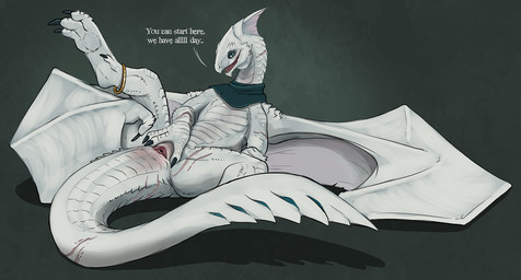 animal_genitalia black_claws bodily_fluids claws cloaca cloaca_juice dialogue feet female female_feral feral finger_claws genital_fluids genitals looking_at_viewer lying membrane_(anatomy) membranous_wings on_back open_mouth presenting presenting_cloaca raised_leg scales scar sharp_teeth simple_background solo spread_cloaca spread_legs spreading tail teal_eyes teeth text thick_tail toe_claws tongue white_body white_scales wing_claws wings flamespitter dungeons_and_dragons hasbro mythology wizards_of_the_coast dragon dragon_(dnd) mythological_creature mythological_scalie scalie white_dragon_(dnd) 2025 english_text hi_res shaded