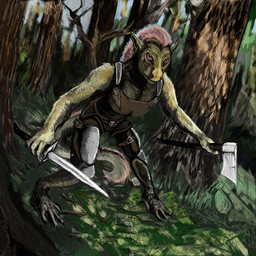 4_fingers armor axe dutch_angle female fingers forest hair leather leather_armor melee_weapon pink_eyes pink_hair plant solo standing sword tree weapon hyperdynamic humanoid orc hi_res