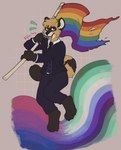 anthro bigtop-bvnny bisexual_pride_colors black_bottomwear black_clothing black_necktie black_pants black_suit bottomwear button_(fastener) cheek_tuft clothed clothing dress_shirt facial_markings facial_tuft fangs flag flag_(object) fully_clothed head_markings hi_res holding_flag holding_object inner_ear_fluff lgbt_pride looking_at_viewer male markings mask_(marking) multicolored_eyes necktie open_mouth pants pride_color_eyes pride_color_flag pride_colors rainbow_flag rainbow_pride_colors rainbow_pride_flag rainbow_symbol shirt signature six-stripe_rainbow_pride_colors solo suit suit_jacket teeth topwear tuft vest vincian_pride_colors