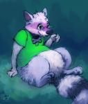 anthro bottomless clothed clothing collar eyewear fur glasses green_eyes male purple_body purple_fur simple_background solo oddwilds mammal procyonid raccoon 2015