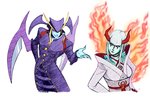 blue_body blue_skin clothing dress_shirt duo female fire hair horn looking_back male not_furry purple_clothing shirt topwear white_clothing white_hair wings michafrar capcom darkstalkers tekken devil_kazumi jedah_dohma demon humanoid hi_res