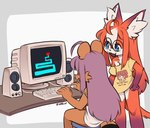 absurd_res ahoge anthro blue_eyes brown_body brown_fur canid canine clothing computer computer_mouse duo electronics eyelashes eyewear female fox fur gaming glasses hair hi_res hololive humor inner_ear_fluff inugami_korone keyboard labyrinth long_hair mammal ndbiet open_mouth playing_video_game procyonid purple_hair raccoon rail red_body red_fur red_hair scary_maze_game shirt simple_background sitting smile smooky speaker topwear tuft vtuber white_background white_hair yellow_clothing yellow_shirt yellow_topwear