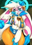 anthro areola areola_slip bell big_breasts blue_eyes breasts clothed clothing eyebrows eyewear female fur gem glasses hair horn looking_at_viewer nipples solo tail thick_eyebrows thick_thighs white_body white_fur suddenhack atlyss angela_flux bovid caprine goat kubold_(atlyss) mammal digital_media_(artwork) hi_res