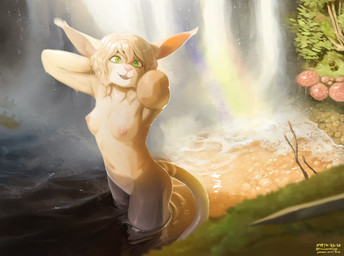 anthro bathing blonde_hair breasts cute_fangs detailed_background fangs female fog fur green_eyes hair looking_at_viewer nature nipples nude open_mouth outdoor_nudity outside partially_submerged pupils rainbow slit_pupils smile solo standing_in_water tan_body tan_fur teeth water waterfall the-minuscule-task microsoft the_elder_scrolls arasha_(the-minuscule-task) felid khajiit mammal 2023 absurd_res hi_res