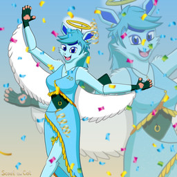 angel_costume anthro blue_body blue_eyes blue_fur blue_hair clothing confetti cute_fangs dress ear_piercing ear_ring eyeliner fangs feathered_wings feathers female fur gradient_background green_body green_fur hair halo jewelry makeup navel navel_piercing necklace pawpads piercing pose ring_piercing simple_background smile smiling_at_viewer solo sparkles sparkling_clothing teeth wings scoutthecat02 nintendo pokemon lisa_devellis eeveelution generation_4_pokemon glaceon pokemon_(species) 1:1 hi_res