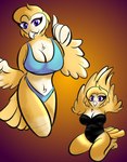 anthro big_breasts breasts clothing feathers female lingerie purple_eyes simple_background solo underwear yellow_body justahoot fan_character avian bird owl hi_res shaded