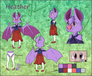 ambiguous_gender anthro blue_clothing bottomwear clothing dark_ears dark_wings eyelashes fangs footwear fur hair heart_eyes heart_symbol legwear membrane_(anatomy) membranous_wings multicolored_ears panties pink_eyes pink_nose purple_body purple_ears purple_fur purple_hair purple_wings red_clothing skirt smile solo teeth text thigh_highs topwear two_tone_ears two_tone_wings underwear white_clothing winged_arms wings motherlatias heather_(motherlatias) bat mammal 2020 english_text hi_res model_sheet female_(lore)