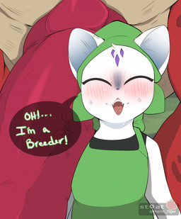 ambiguous_gender animal_genitalia animal_penis anthro biped blush bodily_fluids breed clothed clothing dialogue duo erection exclamation_point eyes_closed fangs feral fur genitals headscarf male multicolored_body open_mouth penis purple_body size_difference speech_bubble sweat teeth text white_body white_fur mochii_tiger capcom monster_hunter felid felyne lynian mammal palico english_text hi_res