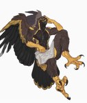 4_toes anisodactyl anthro avian_feet back_wings beak biped black_body black_feathers black_talons bottomwear brown_body brown_feathers clothed clothing feathers feet loincloth loincloth_only male male_anthro multicolored_body scuted_arms scuted_feet scutes simple_background solo tail tail_feathers talons toes topless white_background wings yellow_scutes plumpenguinn accipitrid accipitriform avian bird eagle golden_eagle true_eagle digital_media_(artwork) hi_res