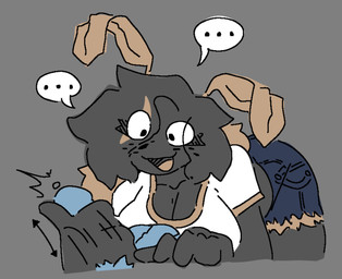 antennae_(anatomy) anthro bent_over bottomwear breasts clothing daisy_dukes denim denim_bottomwear denim_clothing denim_shorts disembodied_penis ellipsis emanata female freckles genitals grey_background grey_body handjob handjob_through_clothing hotpants male midriff penile penis sex shorts simple_background smile solo_focus speech_bubble raewtf moth_(raewtf) arthropod insect lepidopteran moth 2025 hi_res