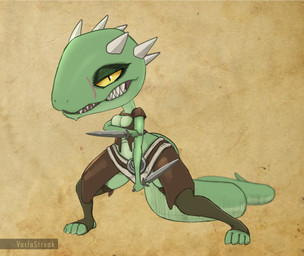 anthro armor bared_teeth big_breasts breasts chibi cleavage cleavage_overflow clothed clothing countershading facial_scar female green_body horn legwear looking_at_viewer midriff non-mammal_breasts pose scar simple_background solo squish thigh_highs thigh_squish weapon yellow_eyes varlastreak bethesda_game_studios microsoft skyrim the_elder_scrolls deeja argonian scalie hi_res