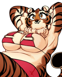 anthro belly big_breasts big_cheeks bikini black_ears black_nose black_stripes bottomwear breasts cheek_tuft cleavage clothed clothed_anthro clothed_female clothing curled_tail eyelashes facial_markings facial_tuft female fur hands_behind_head head_markings inner_ear_fluff long_eyelashes looking_into_the_distance markings neck_tuft open_mouth open_smile orange_eyes pink_bikini pink_clothing pink_swimwear pupils raised_arms simple_background skimpy skimpy_bikini slightly_chubby small_ears smile solo striped_arms striped_body striped_face striped_fur striped_markings striped_tail stripes swimwear tail tail_markings topwear tuft two-piece_swimsuit white_armpits white_background white_belly white_breasts white_inner_ear white_tuft highlandkall naomi_(highlandkall) felid mammal pantherine tiger 2024 absurd_res colored digital_drawing_(artwork) digital_media_(artwork) hi_res