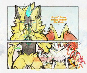 abs ambiguous_anthro ambiguous_gender anthro arm_tuft biped black_body butt butt_from_the_front cheek_tuft chest_tuft claws dialogue duo electricity eyelashes facial_tuft featureless_crotch finger_claws fluffy front_view fur green_pawpads hip_tuft inner_ear_fluff male male_anthro multicolored_body multicolored_fur nude_ambiguous nude_anthro nude_male orange_body orange_fur orange_inner_ear_fluff orange_nose pawpads pokemorph shoulder_tuft simple_background standing static_electricity text tuft white_background white_body white_fur wide_eyed yellow_body yellow_fur thwillartz nintendo pokemon fan_character pardonne yanuna braixen canid felid generation_6_pokemon generation_7_pokemon legendary_pokemon mammal pokemon_(species) zeraora 2025 colored dated digital_drawing_(artwork) digital_media_(artwork) english_description english_text hi_res shaded signature female_(lore)