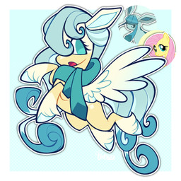 blue_background blue_eyes blue_hair blue_hooves blue_inner_ear blue_scarf blue_tail border dipstick_tail eyelashes female female_feral feral flying fusion hair hair_over_eye hooves logo markings open_mouth scarf simple_background solo tail tail_markings three-quarter_view white_border white_wings wings yellow_body 3ggmilky friendship_is_magic hasbro my_little_pony nintendo pokemon fluttershy_(mlp) eeveelution equid equine generation_4_pokemon glaceon mammal pokemon_(species) 1:1 2026 artist_logo crossover digital_drawing_(artwork) digital_media_(artwork) flat_colors hi_res reference_image