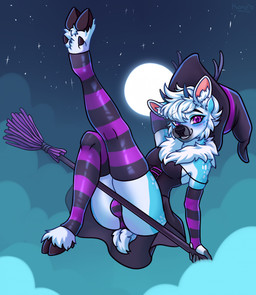 anthro armwear black_clothing black_dress black_nose blue_body blue_fur blush blush_lines bottomwear bulge butt clothed clothing crossdressing dress femboy fur hair hat headgear headwear hooves horn legwear looking_at_viewer male moon night one_leg_up open_mouth panties pattern_armwear pattern_bottomwear pattern_clothing pattern_legwear pattern_panties pattern_stockings pattern_underwear purple_eyes raised_leg short_tail sky smile smiling_at_viewer solo stockings striped_armwear striped_bottomwear striped_clothing striped_legwear striped_panties striped_stockings striped_underwear stripes tail underwear white_body white_fur white_hair witch_costume witch_hat konejo deer mammal 2023 colored digital_drawing_(artwork) digital_media_(artwork) hi_res shaded