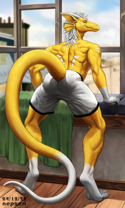against_surface anthro athletic athletic_anthro back_muscles bottomwear butt clothed clothing gloves_(marking) gold_scales grey_hair hair horn leaning leaning_forward leg_markings long_tail looking_at_viewer looking_back male markings muscular muscular_anthro muscular_male nude orange_eyes partially_clothed partially_clothed_anthro presenting presenting_hindquarters raised_tail rear_view shorts socks_(marking) solo standing tail topless topless_male urban window yellow_body pize european_mythology mythology liervey dragon mythological_creature mythological_scalie scalie western_dragon 2025 absurd_res hi_res