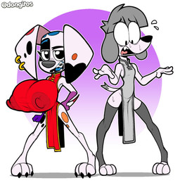 3_toes 4_fingers anthro areola_outline big_breasts blush bodily_fluids braces breasts claws clothing confident dress duo ear_piercing ear_ring eyebrows fangs feet female fingers huge_breasts huge_ears hyper hyper_breasts looking_at_viewer narrow_hips nervous nervous_sweat nipple_outline piercing raised_eyebrow ring_piercing simple_background slim slim_female small_waist sweat teeth thin_calves thin_thighs toe_claws toes top_heavy white_background dongitos 101_dalmatian_street 101_dalmatians disney da_vinci_(101_dalmatians) fifi_(somemf) canid canine canis dalmatian domestic_dog mammal poodle 2025 digital_media_(artwork) hi_res