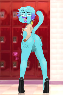 4_fingers ahegao anthro anus balls blue_body blue_fur blue_hair butt clothing eyelashes fingers footwear fur genitals hair high_heels inside lipstick locker long_legs looking_pleasured makeup male open_mouth pink_anus presenting presenting_hindquarters purple_lipstick school shoes shota solo spread_butt spreading standing tail_anus tongue young young_male zambs cartoon_network the_amazing_world_of_gumball gumball_watterson domestic_cat felid feline felis mammal alternate_version_at_source digital_drawing_(artwork) digital_media_(artwork) hi_res