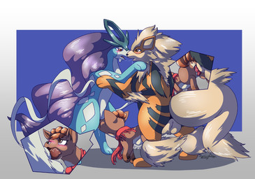 abdominal_bulge animal_genitalia anus balls big_balls big_penis black_body black_eyes black_fur black_pawpads blue_body blue_crest blue_fur blush blush_lines bodily_fluids brown_body brown_ears brown_eyes brown_fur clothing dark_body dark_fur dark_inner_ear deep_penetration deep_throat erection eyelashes fellatio female feral fur genitals grey_balls grey_sheath group group_sex hair kissing knot leg_markings looking_at_another looking_at_partner male male/female male/male markings motion_lines neck_bulge oral oral_penetration orange_ears orange_eyes orange_hair orange_tail pawpads penetration penile penile_penetration penis penis_in_mouth penis_in_vagina purple_hair quadruped red_clothing red_penis red_scarf ribbons_(anatomy) saliva saliva_on_penis saliva_string scarf sex sheath simple_background socks_(marking) spitroast spitroast_kiss striped_body striped_fur striped_markings stripes tail tan_balls tan_body tan_fur tan_hair tan_inner_ear tan_sheath tan_tail threesome trio vaginal vaginal_penetration vulva white_body white_fur motherlatias nintendo pokemon arcanine generation_1_pokemon generation_2_pokemon legendary_pokemon pokemon_(species) suicune vulpix 2025 hi_res watermark