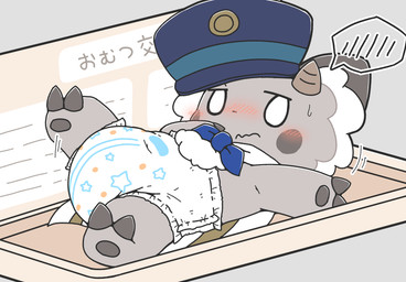 anthro biped blue_bow_tie blue_clothing blue_hat blue_headwear blush bow_tie cape cheek_tuft claws clean_diaper clothed clothing diaper facial_tuft fur grey_body grey_fur grey_horn grey_pawpads hat headgear headwear horn looking_at_viewer lying male mouth_closed on_back pattern_diaper pawpads solo speech_bubble star_pattern tuft wavy_mouth wearing_diaper wetness_indicator white_cape white_clothing white_diaper white_eyes white_tuft young young_anthro young_male rokesys nagamo-kun unknown_species absurd_res full-length_portrait hi_res portrait