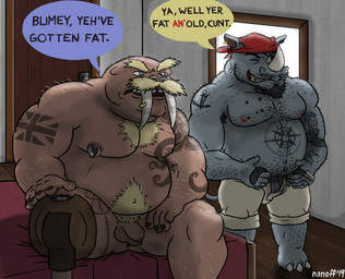 3_toes 5_fingers amputee anthro anthro_on_anthro anus armpit_hair bald balls barefoot bed belt biceps body_hair chest_hair clothing dialogue disability door duo ear_piercing ear_ring facial_hair feet fingers flaccid foreskin furniture genitals goatee gold_(metal) gold_tooth hairy horn humanoid_genitalia humanoid_penis kerchief male mature_male mustache nipple_piercing nipples overweight overweight_male pecs penis piercing profanity ring_piercing scar sitting speech_bubble standing tattoo text toes tusk_piercing tusks undressing union_jack nanoff aquatic mammal pinniped rhinoceros walrus 2019 english_text
