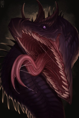 ambiguous_gender bodily_fluids fangs feral forked_tongue logo looking_at_viewer mouth_shot neck_spikes no_sclera open_mouth pupils purple_body purple_eyes purple_scales red_tongue saliva saliva_string scales simple_background slit_pupils solo teeth tongue tongue_out riorix mythology dragon mythological_creature mythological_scalie scalie 2020 artist_logo dated hi_res