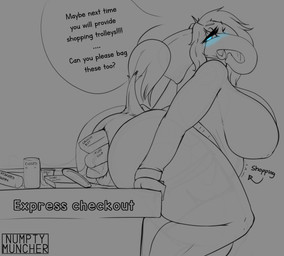 abdominal_bulge anal anal_penetration anal_storage anthro anus belly big_anus big_belly big_breasts big_butt blue_blush blue_eyes blush breasts butt cavity_storage dialogue eyelashes gynomorph huge_anus huge_butt huge_thighs hyper hyper_anus intersex looking_pleasured object_in_ass penetration puffy_anus side_view solo text thick_thighs zigzagmag april_(zigzagmag) elephant elephantid mammal proboscidean 2025 digital_media_(artwork) english_text hi_res