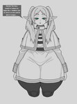 capelet clothing dialogue ear_piercing eyebrows eyelashes female green_eyes hair huge_hips humanoid_pointy_ears looking_at_viewer not_furry piercing pointy_ears solo thick_thighs twintails_(hairstyle) wide_hips champchidi frieren_beyond_journey's_end frieren elf humanoid 2025 hi_res spot_color