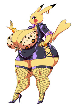animal_ears anthro big_breasts biped breasts cleavage clothed clothing ear_piercing eyelashes female fingers footwear genitals hand_on_hip high_heels overweight overweight_anthro overweight_female piercing pupils shoes simple_background standing tail thick_thighs three-quarter_view vulva white_background yellow_body crovirus nintendo pokemon chuchu_(dragoon-rekka) generation_1_pokemon pikachu pokemon_(species) absurd_res hi_res