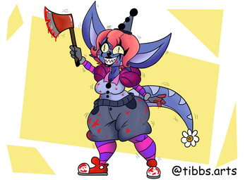anthro axe blood blue_body bodily_fluids breasts clothing clown clown_costume clown_makeup clown_nose clown_paint clown_shoes female footwear hair hat headgear headwear red_hair sharp_teeth shoes solo tail teeth tibbs mythology star_(tibbs) dragon mythological_creature mythological_scalie scalie hi_res