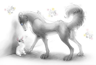 blue_eyes bodily_fluids eye_contact feral feralized fluffy fluffy_tail fur interrobang looking_at_another male sweat sweatdrop tail deygira-blood beastars haru_(beastars) juno_(beastars) legoshi_(beastars) canid canine canis domestic_rabbit dwarf_rabbit lagomorph leporid mammal oryctolagus rabbit wolf 2020 hi_res spot_color