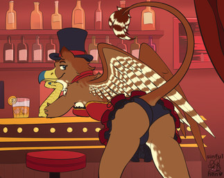 anthro bar bedroom_eyes biped clothing corset custom female female_anthro hat headgear headwear laying_against_counter lingerie narrowed_eyes panties seductive solo tail top_hat topwear underwear wings sinful-hen mythology avian gryphon mythological_avian mythological_creature hi_res sketch