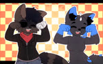 anthro bandage bandaged_arm bottomwear brown_body brown_fur checkered checkered_background clothing dancing denim denim_bottomwear denim_clothing duo eye_patch eyes_closed eyewear fangs female fur happy head_tuft jacket jeans kerchief leather leather_clothing leather_jacket leather_topwear male markings navel pants pattern_background simple_background spikes spikes_(anatomy) teeth topwear tuft alister_ik caramelldansen mythology frost_(nightfrostfox) snuck_(solidsnuck) canid canine dragon fox hybrid mammal mythological_creature mythological_scalie procyonid raccoon scalie animated hi_res meme sound webm