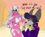 anthro armor clothed clothing cosplay duo hair looking_at_viewer machine male standing text glass0milk jojo's_bizarre_adventure crazy_diamond josuke_higashikata canid canine mammal stand_(jjba) english_text meme