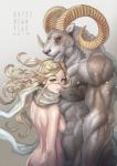 anthro breasts duo female horn looking_at_viewer male muscular muscular_male nude ymskk bovid caprine human mammal