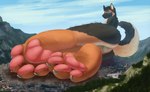 aircraft anthro balls building building_destruction city cityscape destruction feet genitals giga helicopter landscape_dwarfing macro male mountain pawpads paws pink_paws solo tail toes vehicle ozdra maxgshep canid canine canis domestic_dog german_shepherd herding_dog mammal pastoral_dog absurd_res hi_res