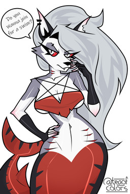 alternate_species anthro bedroom_eyes bottomless breasts cleavage clothed clothing dialogue ear_piercing eyebrow_piercing eyelashes facial_piercing fangs featureless_crotch female fur gills grey_body grey_fur grey_hair hair hand_on_hip long_eyelashes long_hair looking_at_viewer narrowed_eyes navel neck_gills notched_ear piercing pupils red_clothing red_sclera red_tail seductive shark_tail simple_background slit_pupils small_waist smile solo split_form tail teeth text topwear topwear_only twitter_handle under_boob waist_gills white_background white_body white_eyes white_fur wide_hips teaofcolors hellaverse helluva_boss mythology loona_(helluva_boss) aquatic canid canid_demon canine demon fish hellhound mammal merfolk mershark mythological_canine mythological_creature shark 2024 absurd_res artist_name english_text hi_res