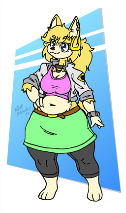 anthro barefoot belt big_breasts biped black_bottomwear black_clothing black_pants blonde_eyebrows blonde_hair blue_eyes bottomwear breasts brown_belt cleavage clothed clothed_anthro clothed_female clothing collar countershade_fur countershading ear_piercing ear_ring eyebrows feet female female_anthro fur gloves_(marking) green_bottomwear green_clothing green_skirt hair hand_on_hip hand_on_own_hip jacket jewelry leg_markings markings navel necklace open_clothing open_jacket open_topwear pants piercing pink_clothing pink_shirt pink_tank_top pink_topwear ponytail ring_piercing shirt skirt slightly_chubby slightly_chubby_anthro slightly_chubby_female socks_(marking) solo tan_body tan_countershading tan_markings tank_top thick_thighs topwear wide_hips yellow_body yellow_fur blayaden sam_(blayaden) domestic_cat felid feline felis mammal hi_res