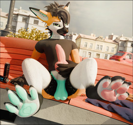 anthro balls bench black_border blep border city cityscape clothed clothing erection fur genitals hand_on_penis knot looking_at_viewer male open_mouth paws penis presenting shirt solo t-shirt text tongue tongue_out topwear lill_esp monster_energy lill_espion canid canine fox mammal rexouium 3d_(artwork) absurd_res blender_(artwork) digital_media_(artwork) english_text hi_res
