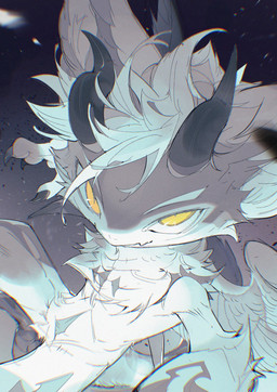 2_horns anthro arm_markings black_body black_claws black_feathers black_horn chest_markings claws feathered_wings feathers finger_claws flesh_fang grey_background grey_markings head_horn horn inner_ear_fluff leg_markings looking_at_viewer male markings mouth_closed nude_anthro nude_male pupils ringed_iris simple_background slit_pupils solo tail tuft white_body white_feathers white_sclera wings yellow_eyes chiayeeee mammal unknown_species 2024 chromatic_aberration digital_drawing_(artwork) digital_media_(artwork) hi_res portrait three-quarter_portrait
