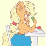 anthro anthrofied blonde_hair bra breasts casual_exposure clothed clothing discarded_clothing female freckles hair orange_body solo topless underwear snus-kun friendship_is_magic hasbro my_little_pony applejack_(mlp) equid equine mammal 1:1