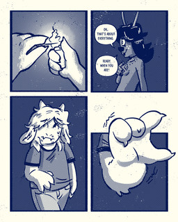 anthro breasts clothed clothing covering_chest dialogue duo female lighter male male/female sewing_needle simple_background speech_bubble text topless sexylinguini deltarune undertale undertale_(series) asriel_dreemurr dess_holiday bovid caprine deer goat mammal new_world_deer reindeer 4:5 comic digital_media_(artwork) english_text halftone hi_res monochrome