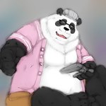 anthro belly black_body black_fur black_nose bottomwear clothed clothing controller eyewear fur game_controller glasses hat headgear headwear kemono male moobs open_clothing open_shirt open_topwear overweight overweight_male shirt shorts simple_background sitting solo topwear white_body white_fur laohu bear giant_panda mammal 1:1 2021