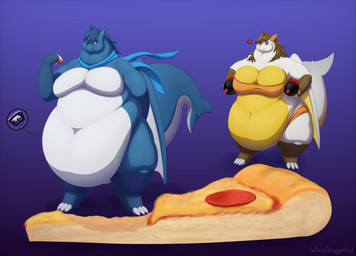 3_toes 5_fingers anthro belly beverage big_belly big_breasts big_moobs bikini blue_body blue_eyes blue_hair breasts brown_body brown_eyes brown_hair chubby_cheeks claws clothing double_chin duo fat_arms fat_legs feet female fingers food giant_food hair heart_symbol huge_belly male membrane_(anatomy) membranous_wings moobs morbidly_obese morbidly_obese_female morbidly_obese_male mostly_nude navel obese obese_female obese_male overweight overweight_female overweight_male pizza scarf scarf_only simple_background soda soda_bottle stuffing swimwear tail thick_tail thick_thighs toes two-piece_swimsuit weight_gain weight_gain_sequence white_body wings yellow_body white-dragon mythology lian_(whitedragoncito) roxanne_(whitedragoncito) dragon mythological_creature mythological_scalie scalie 2026 cel_shading hi_res shaded